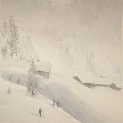 ski painting Alps powder skiing mist Leukerbad