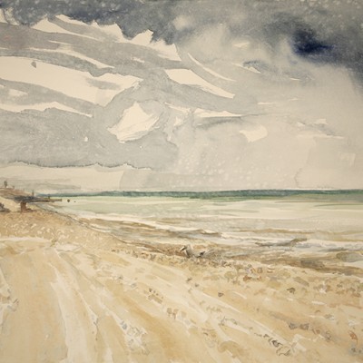 seaside camber sands rain watercolour painting