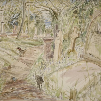 Dogs in Nunhead Cemetery painting