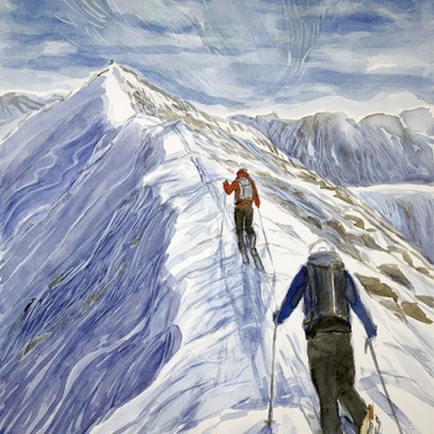 skiing painting Norway summit Kvalviktinden Goalsevarre