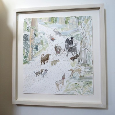 White stained frame with  floating drawing of Dog Encounters