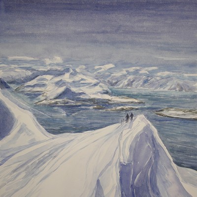 redotinden lyngen fjord skiing painting Norway