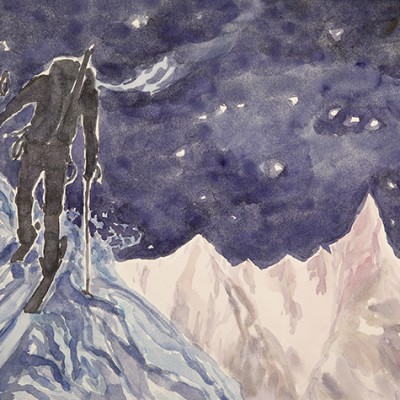 Swiss Alps skiing tour watercolor nocturne painting