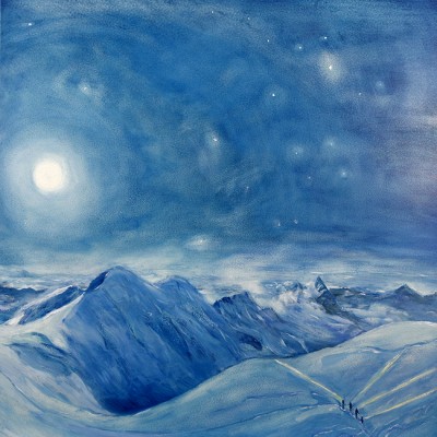 nocturne skiing painting snowy alpine mountain range