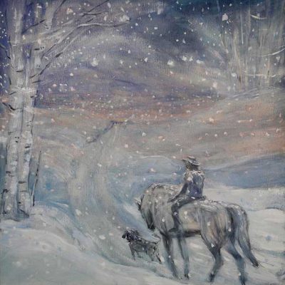 snowy landscape adventure on horse back oil painting