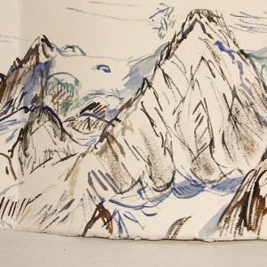 Sketchbook Day 5 April 25 2018 Mont Pelvoux from Refuge du Glacier Blanc with black hut dog - painted with small brush from tiny watercolour set I carried on the 6 day trip