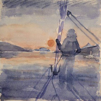 lyngen fjord alpine painting red sun midnight
