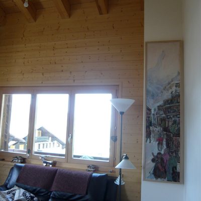 Displayed in ski chalet, Framed oil on hardboard, limed oak for strength against warping as tall artwork
