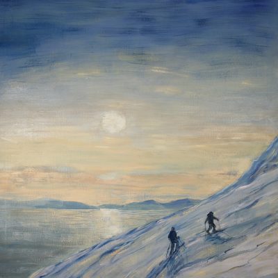Midnight Sun Lyngen Fjord near Tromso Northern Norway - oil on jute canvas 101 x 101 cm (40 x 40 inches) £1200 unframed