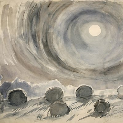 moon and hay bales nocturne england watercolor Kozo paper