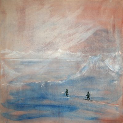 pink alpine arctic oil painting, ski touring and mountaineering