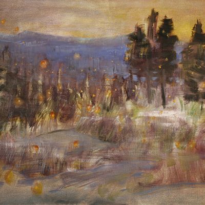 fireflies mountain range pinetrees and pond oil painting