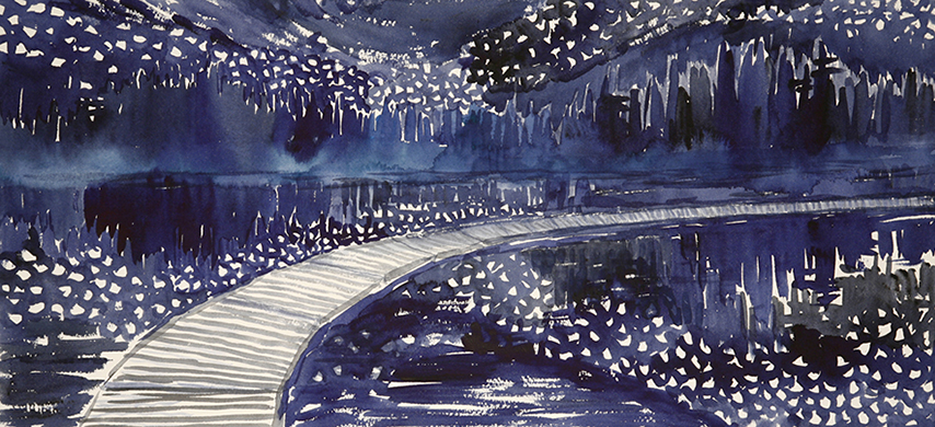 The Pier and Milky Way in Maine USA - watercolour on paper 26 x 55 cm (10.5 x 21.5 inches)  with Fosse Gallery