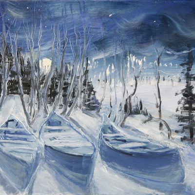 norway moon rise canoes oil painting