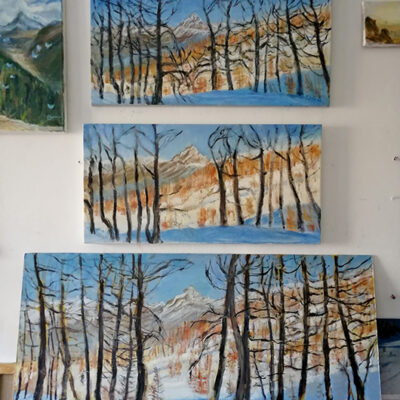 Three versions of Sunlight on the Larches Val Maira in oil on canvas - top and bottom painitings sold