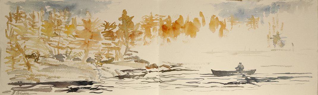 sublime canoe crossing mist maine watercolour painting