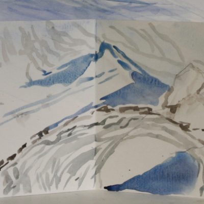 Glacier hole below Mt Collon, Arolla Switzerland, painted plein air in March 2022, A5 watercolour paper book March 2022
