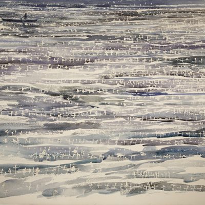 canoeing on pond in Maine watercolour