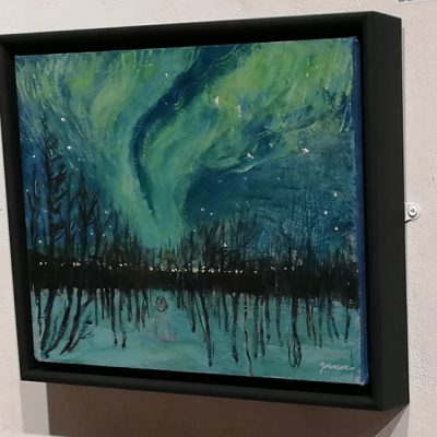Gazing at the Northern Lights - oil on canvas dark stained frame