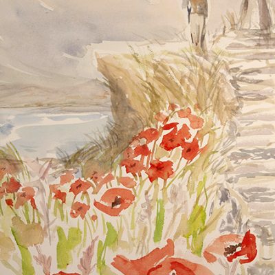south west coast path poppies watercolor painting