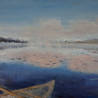 canoe pond mist Maine oil on board painting