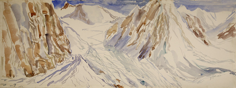 View to Summit Mont Thabor, Val Claree France - watercolour on paper 28 x 75 cm £500
carried up in my backpack on summit day