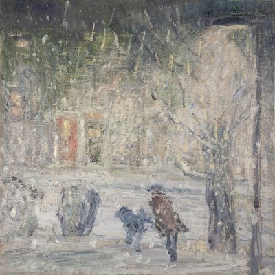 snow on street at night oil painting