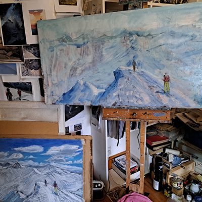 Summiting Mont Thabor - oil on hardboard 24 x 48 inches, pastel sketch on left 