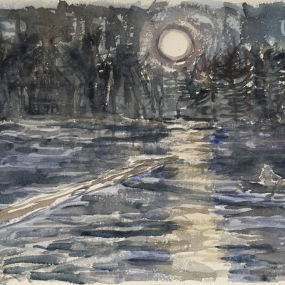 Moonlight on the pond - watercolour on Khadi paper 32 x 51 cm £400