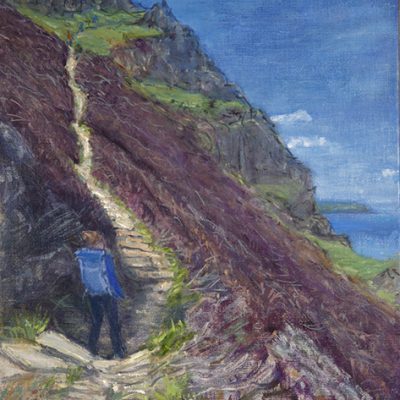 steep path south west coast path oil painting