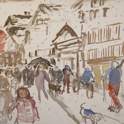 zermatt bahnhofstrasse snow fall watercolour switzerland