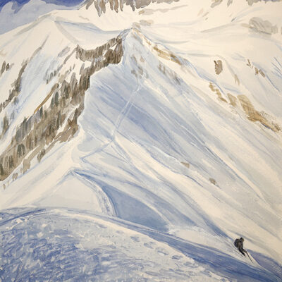 ski trails at Disentis Bostg, Switzerland, watercolor painting