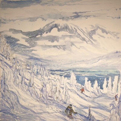 three heliskiers on rural Canadian mountain ridge powder