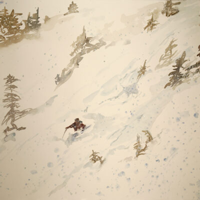 watercolour painting of skier, Swiss mountains