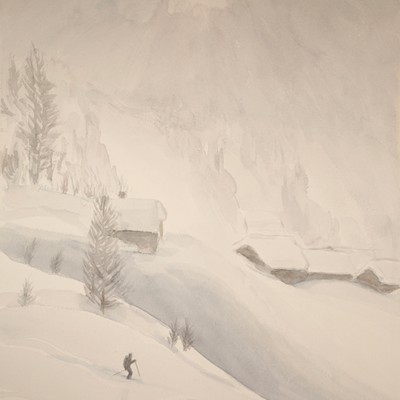 white out conditions, Backcountry skiing, watercolor painting powder skiing