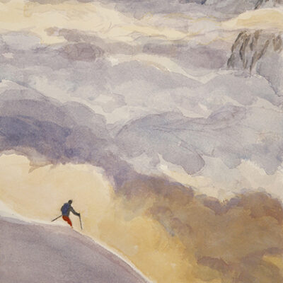 heliskiing in Vorarlberg, Austria, watercolor painting