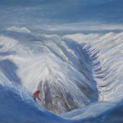 skier on Pitztal mountain range in red jacket Austria powder