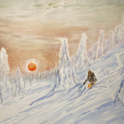 skiing at sunset on steep mountainside