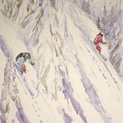 snowboarder and heliskier on steep slopes, watercolor