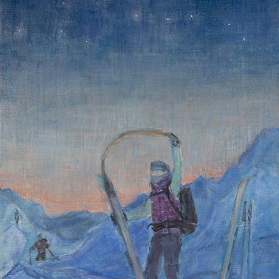skier removes skins on skis under night sky oil painting kurhaus arolla