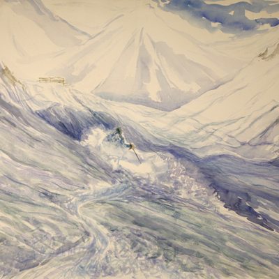 powder skiing painting la grave france watercolour