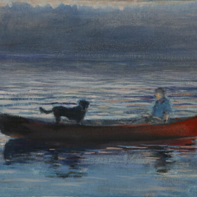 canoe dog maine oil painting
