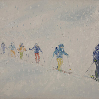 white out skiers whiteout oil painting