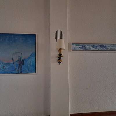 exhibition at the kurhaus in Arolla Switzerland of oil paintings of ski touring