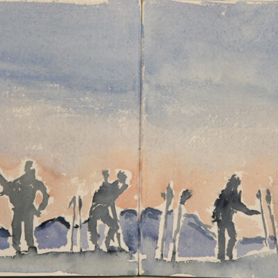 Sunrise - ski tourers removing skins from skis , photographing, adjusting kit oil painting in alps