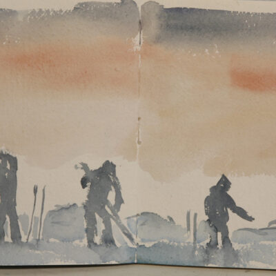 Sunrise - ski tourers removing skins from skis , photographing, adjusting kit painting in alps £275