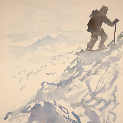 ascending a slope in the alps spindrift watercolour on paper ski touring trip adventure