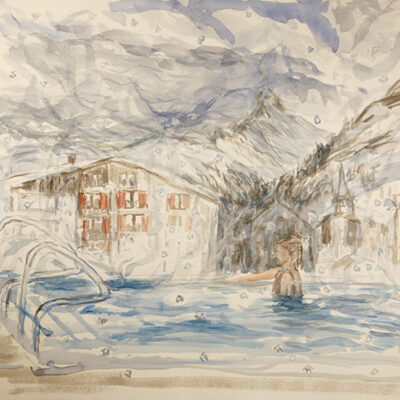 Snowfall Beusite Pool Zermatt watercolour