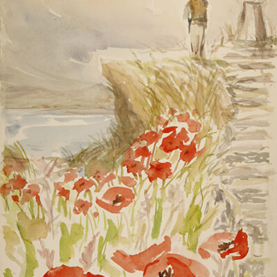Contemplating beside Poppies Along the Path - watercolour on paper - 57 x 34 cm £375  South West Coast Path June 2023