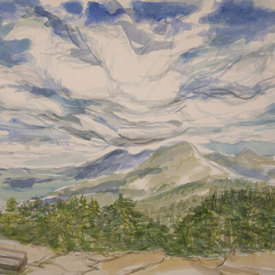 Clouds over the presidential hiking adventure watercolour painitng